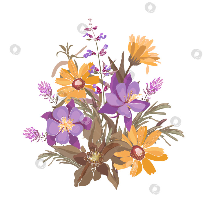 Скачать Векторная цветочная иллюстрация. Букет из желтых и фиолетовых луговых цветов фотосток Ozero