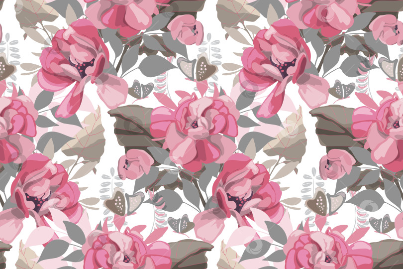 Скачать Векторный цветочный бесшовный узор. Розовые розы, бежевые и серые листья и бабочки на белом фоне фотосток Ozero