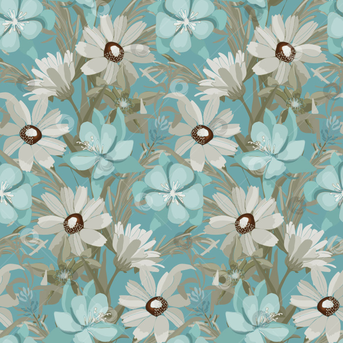 Скачать Векторный цветочный бесшовный узор в бирюзовом и бежевом цветах фотосток Ozero