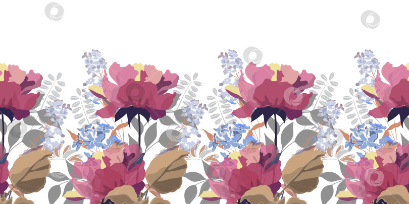 Скачать Векторный цветочный бесшовный узор, окантовка. Горизонтальная панорамная иллюстрация с красными садовыми цветами на белом фоне фотосток Ozero