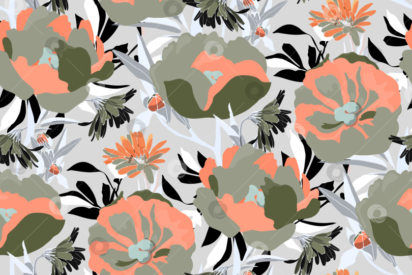 Скачать Векторный цветочный бесшовный узор. Цветы цвета хаки и коралла фотосток Ozero