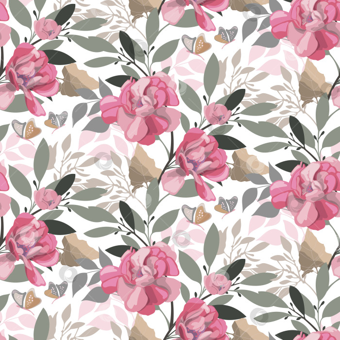 Скачать Векторный цветочный бесшовный узор. Розовые розы, бежевые и серые листья и бабочки на белом фоне фотосток Ozero