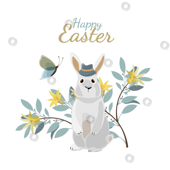 Скачать Векторная пасхальная открытка. Кролик в шляпе фотосток Ozero