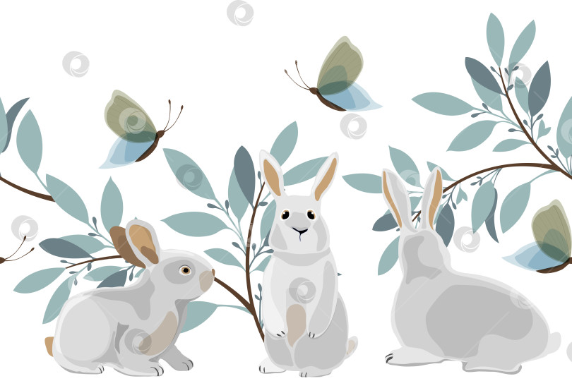 Скачать Векторный пасхальный бесшовный узор, окантовка. Горизонтальная панорамная иллюстрация с тремя кроликами фотосток Ozero