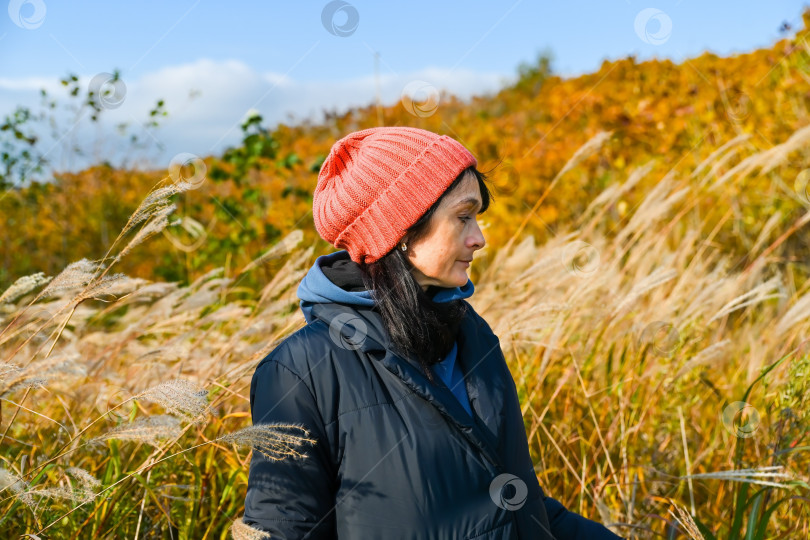 Скачать 50-летняя русская женщина в осеннем травянистом поле, портрет сбоку на Дальнем Востоке России, спокойный образ жизни на свежем воздухе. фотосток Ozero