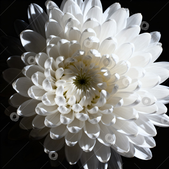 Скачать Белоснежная хризантема вид с верху, в стиле макро с объемными лепестками, на темном фоне фотосток Ozero