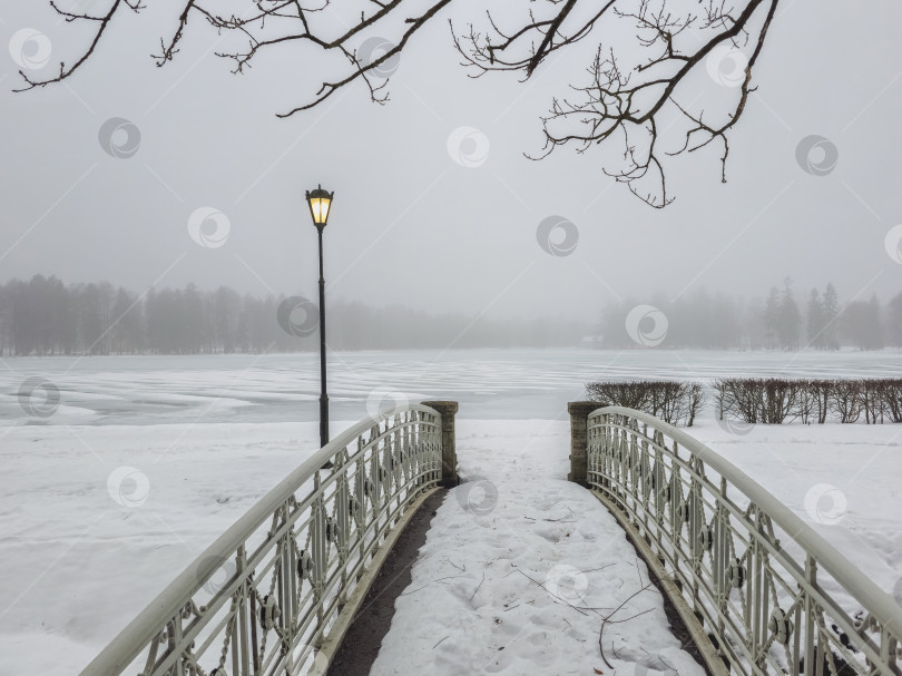 Скачать Снег покрывает тихий деревянный мост над замерзшей водой фотосток Ozero