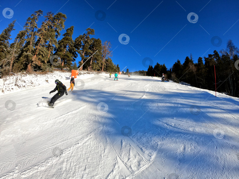 Скачать На спуске синего уровня на горнолыжном курорте Архыз. Горнолыжники и сноубордисты. Зимний солнечный день. фотосток Ozero