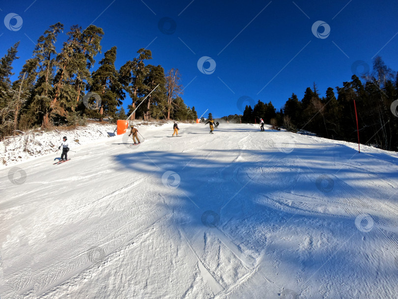 Скачать На одном из спусков Синего уровня на горнолыжном курорте Архыз. Зимний солнечный день. фотосток Ozero