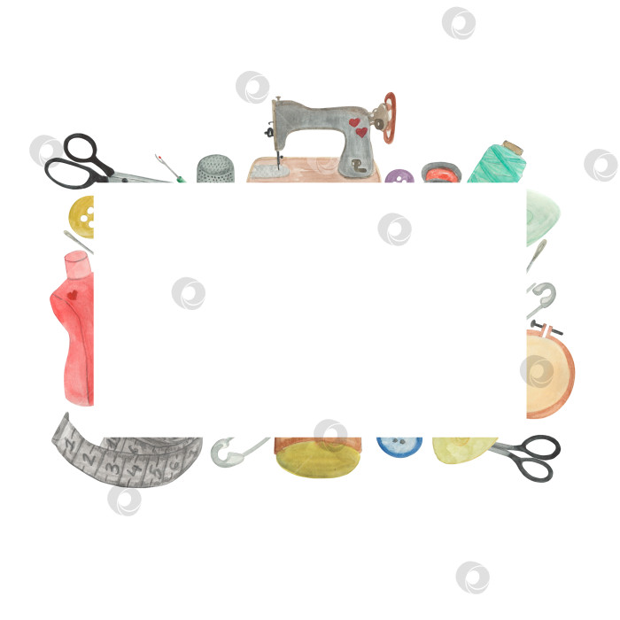Скачать Акварельная иллюстрация швейного набора. Нарисованные от руки иллюстрации с изображением измерительной ленты и швейной машинки. Подходит для студии или школы, а также для дизайнера. фотосток Ozero