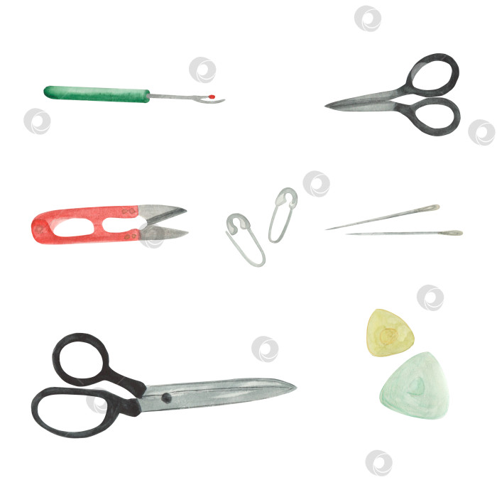 Скачать Акварельная иллюстрация набора для шитья. Предметы для раскроя. Для книг и обложек. фотосток Ozero