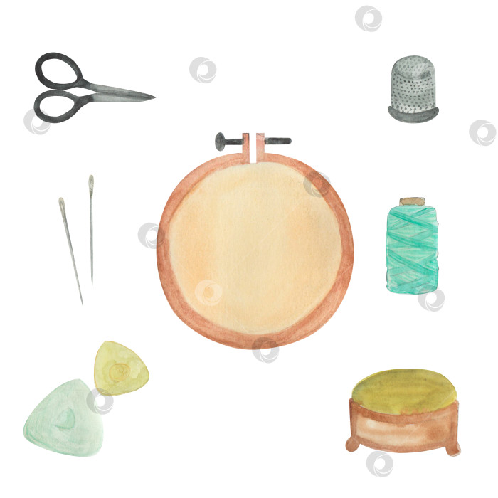 Скачать Акварельная иллюстрация швейного набора. Подходит для студии или школы, а также для дизайнера. Вышивка фотосток Ozero
