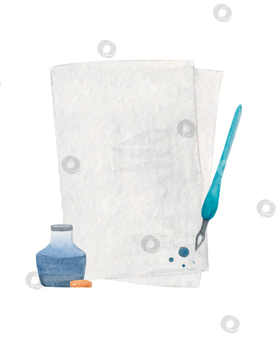 Скачать Акварельный изолированный набор из конверта с сургучной печатью, писем, листа бумаги и ... Другие элементы для надписей и постинга. Набор клипартов, выделенных на белом фоне фотосток Ozero