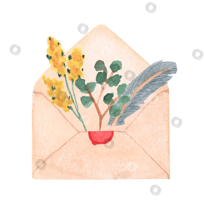 Скачать Акварельный изолированный набор из конверта с сургучной печатью, писем, листа бумаги и ... Другие элементы для надписей и постинга. Набор клипартов, выделенных на белом фоне фотосток Ozero