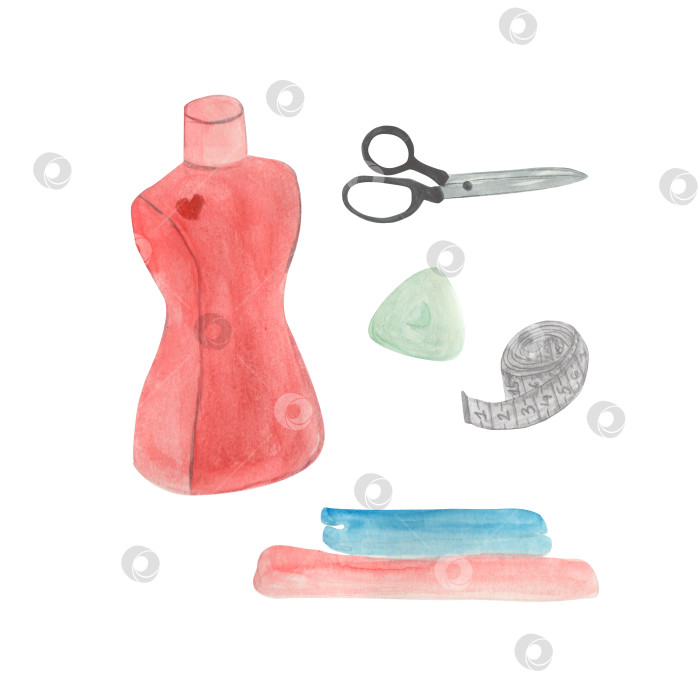 Скачать Акварельная иллюстрация швейного набора. Нарисованные от руки иллюстрации с изображением измерительной ленты и швейной машинки. Подходит для студии или школы, а также для дизайнера. фотосток Ozero