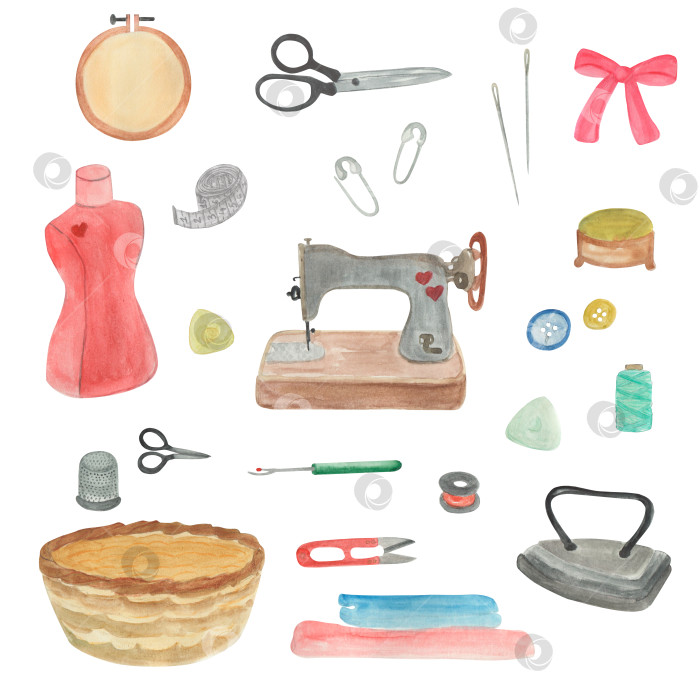 Скачать Акварельная иллюстрация швейного набора. Подходит для студии или школы, а также для дизайнера. Вышивка, хобби фотосток Ozero