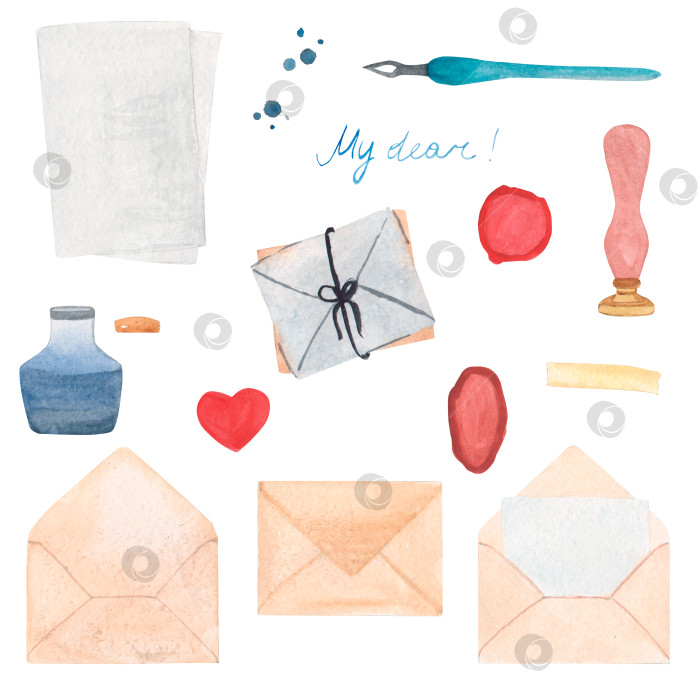 Скачать Набор письменных принадлежностей letter для декоративного оформления. гусиное перо и чернильница, конверты, восковая печать. Ручная акварельная иллюстрация изолированных элементов фотосток Ozero