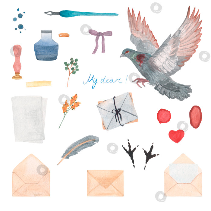 Скачать Акварельная иллюстрация голубя с письмом и отправленной почтой. Почтовый голубь и сообщение, нарисованные от руки. Набор клипартов, изолированных на белом фоне фотосток Ozero