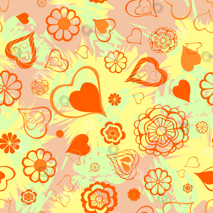 Скачать Нарисованные от руки фантазийные цветы и сердечки в произвольном порядке повторяют бесшовный узор. Рисунок на обложке тетради повторяет дизайн поверхности. Милый и безграничный фон. Пятна, кляксы и брызги создают бесконечную текстуру. фотосток Ozero