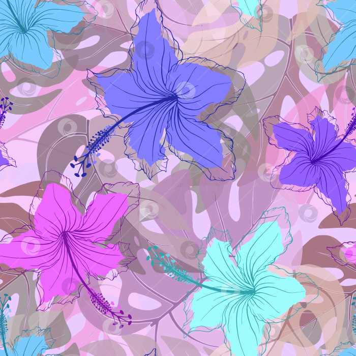Скачать Цветы гибискуса с неровным бесшовным рисунком в холодных тонах. Повторяющаяся в случайном порядке цветочная тропическая текстура. Экзотический пастельный фон. Растения летнего рая повторяют дизайн поверхности фотосток Ozero