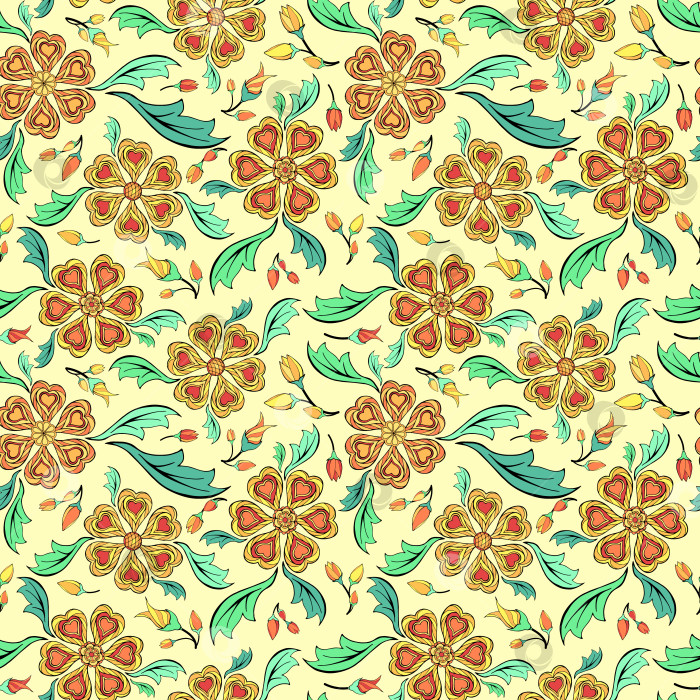 Скачать Абстрактные цветы, случайный бесшовный узор. Красивые орнаментальные цветочные мотивы, повторяющиеся на поверхности в произвольном порядке. Яркие цвета, стиль вышивки, бесконечная текстура. Фон для обложки поздравительной открытки или блокнота. фотосток Ozero