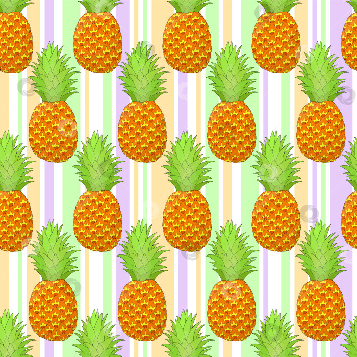 Скачать Бесшовный узор в виде ананаса на фоне пастельных полосок. Тропические фрукты, повторяющие бесконечную текстуру. Аппетитный безграничный фон. Дизайн поверхности для приготовления пищи. Редактируемая плитка для текстиля или оберточной бумаги фотосток Ozero