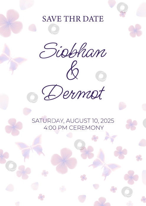 Скачать Шаблон приглашения на свадьбу. Приглашение на свадьбу с цветами и бабочками. Минимализм. Редактируемый векторный шаблон. фотосток Ozero