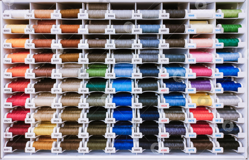 Скачать Полки с разноцветными катушками ниток, швейный цех фотосток Ozero