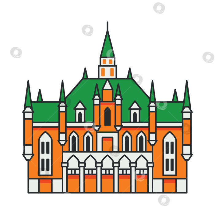 Скачать Историческое здание замка в готическом стиле с зеленой крышей, выделяющейся на белом фоне. Знаковая архитектура. фотосток Ozero