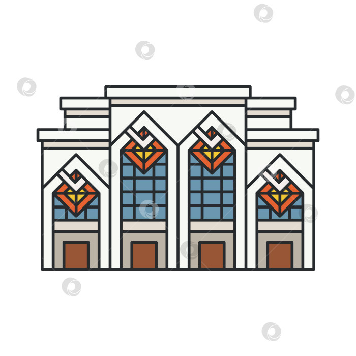 Скачать Историческое здание театра с витражными окнами, выделяющимися на белом фоне. Культурная достопримечательность архитектуры. фотосток Ozero