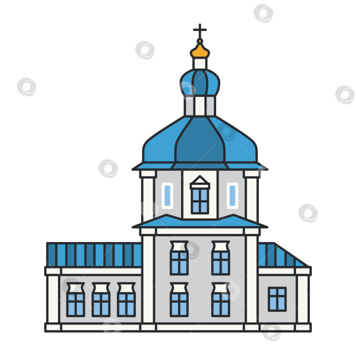 Скачать Историческая православная церковь с голубым куполом и крестом на белом фоне. Традиционная религиозная архитектура. фотосток Ozero