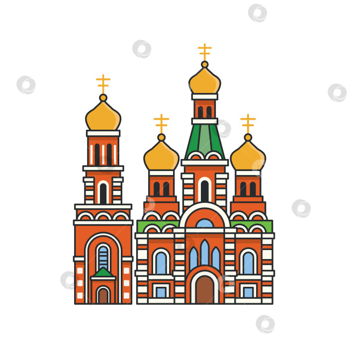 Скачать Православный собор с золотыми куполами на белом фоне. Историческая достопримечательность религиозной архитектуры. фотосток Ozero