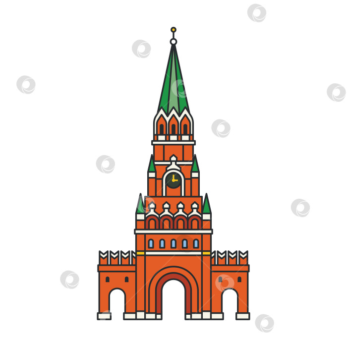 Скачать Историческая башня с часами с фасадом из красного кирпича и зеленым шпилем на белом фоне. Архитектурная достопримечательность города. фотосток Ozero