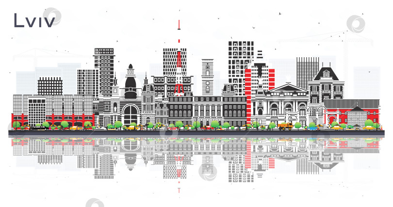 Скачать Городской пейзаж Львова, Украина, с цветными зданиями и отражениями, выделенными на белом фоне. Иллюстрация. Городской пейзаж Львова с достопримечательностями. Концепция с исторической архитектурой. фотосток Ozero