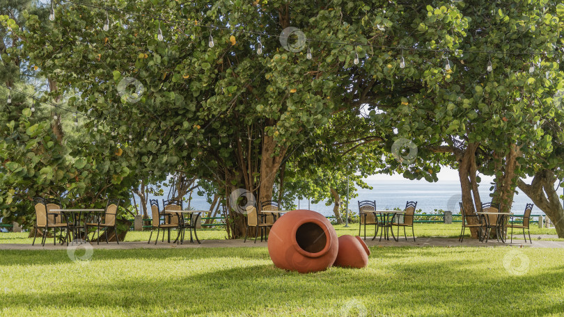 Скачать На зеленой лужайке стоят большие декоративные глиняные горшки. фотосток Ozero