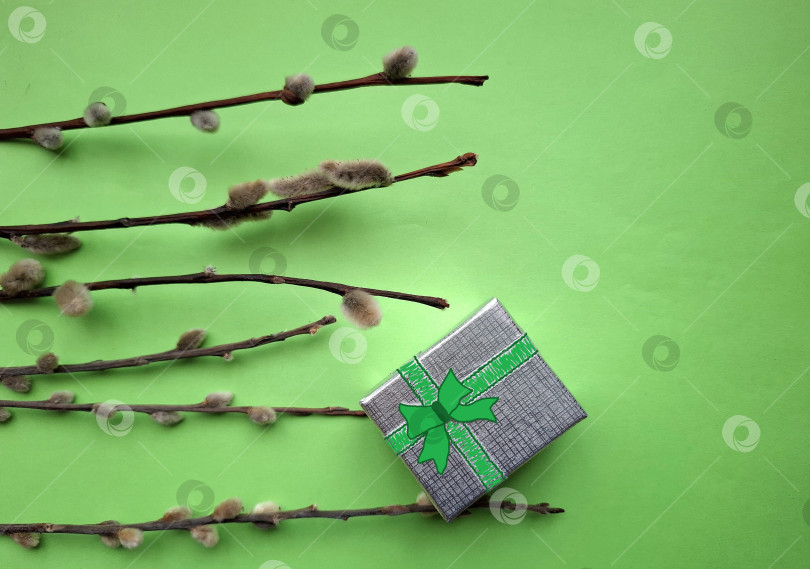 Скачать Маленькая подарочная коробочка и веточки вербы на зеленом фоне фотосток Ozero