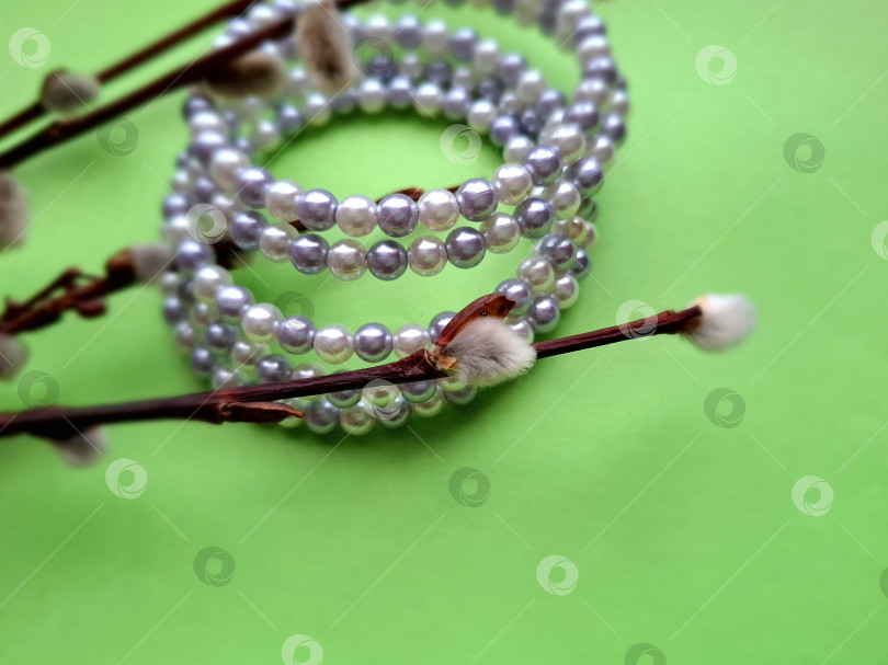 Скачать Бусины серого и белого жемчуга и веточки вербы на зеленом фоне фотосток Ozero