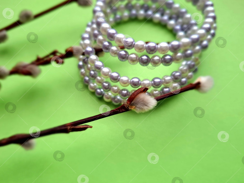 Скачать Бусины серого и белого жемчуга и веточки вербы на зеленом фоне фотосток Ozero