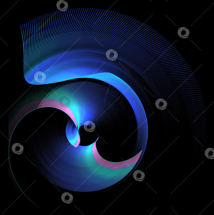 Скачать Абстрактный пропеллер в синюю полоску с волнистыми и изогнутыми лопастями на черном фоне. Иконка, логотип, символ, вывеска. 3D-рендеринг. 3D-иллюстрация. фотосток Ozero