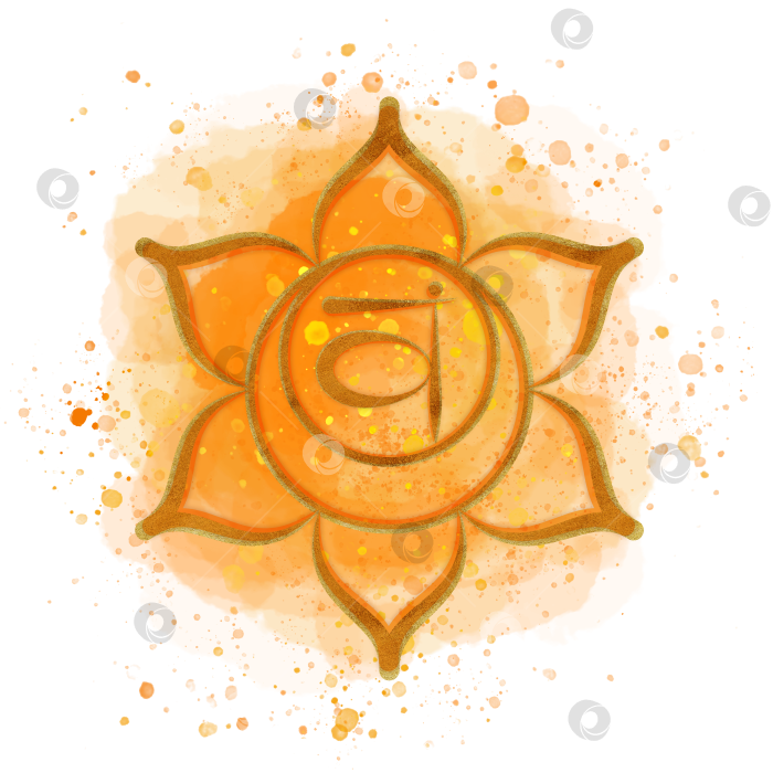 Скачать Золотая сакральная чакра Свадхистхана на акварельном оранжевом фоне и санскритский символ в центре. Энергетический баланс. Рисованная иллюстрация для обложек, упаковки, текстиля фотосток Ozero
