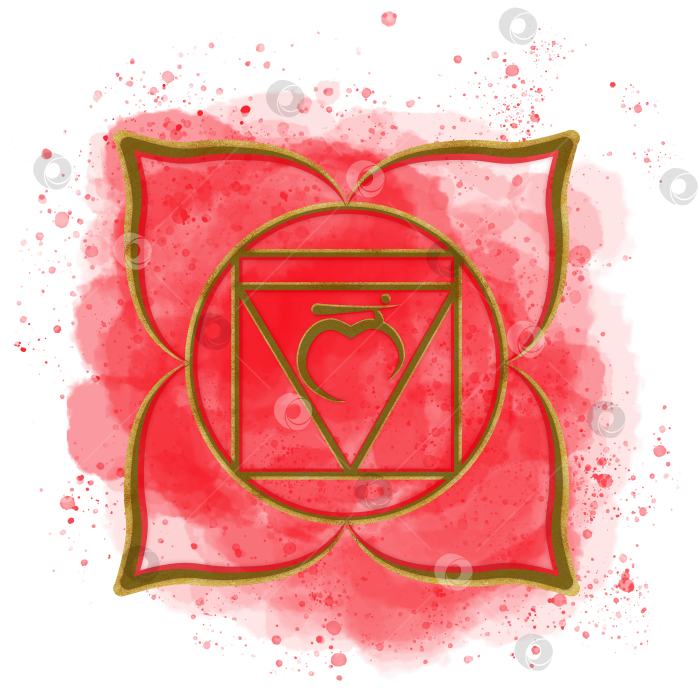 Скачать Золотая корневая чакра Муладхара на красном акварельном фоне с брызгами и санскритским символом в центре. Индийская культура. Клипарт энергетического баланса. Рисованная иллюстрация. фотосток Ozero