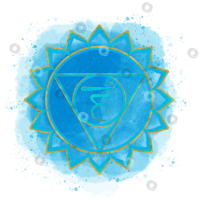 Скачать Золотой символ Вишудхи, горловой чакры, на синем акварельном фоне и россыпь санскритских букв в центре. Клипарт для исцеления энергией. Рисованная иллюстрация для открыток, обложек фотосток Ozero
