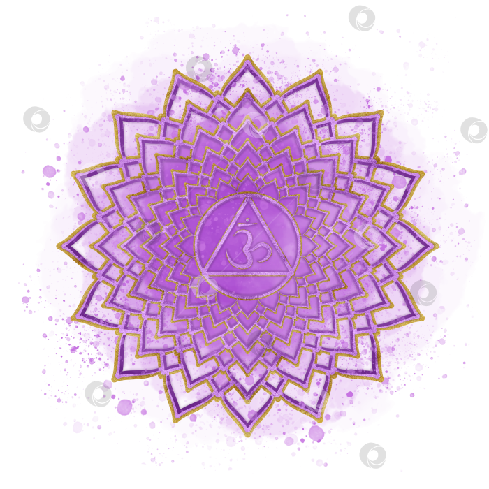 Скачать Сахасрара, коронная чакра, на сиреневом акварельном фоне с брызгами. Элегантная золотая чакра с санскритским символом. Клипарт с энергетическим балансом. Ручная акварельная иллюстрация фотосток Ozero