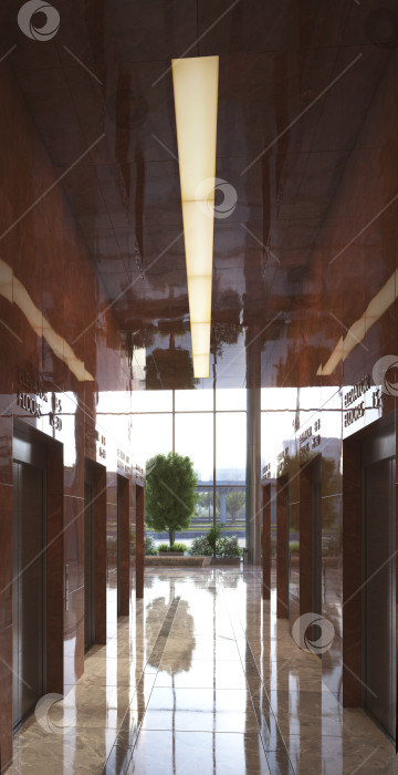 Скачать Вертикальный 3d-рендеринг современного вестибюля корпоративного лифта. Интерьер прихожей, отделанной красным мрамором со светоотражающими элементами фотосток Ozero