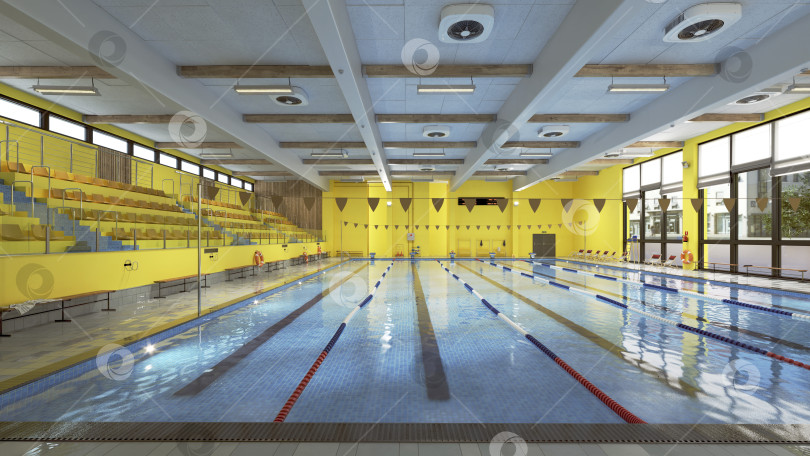 Скачать 3D-рендеринг пустого крытого бассейна. Современное спортивное сооружение с желтыми стенами и дорожками фотосток Ozero