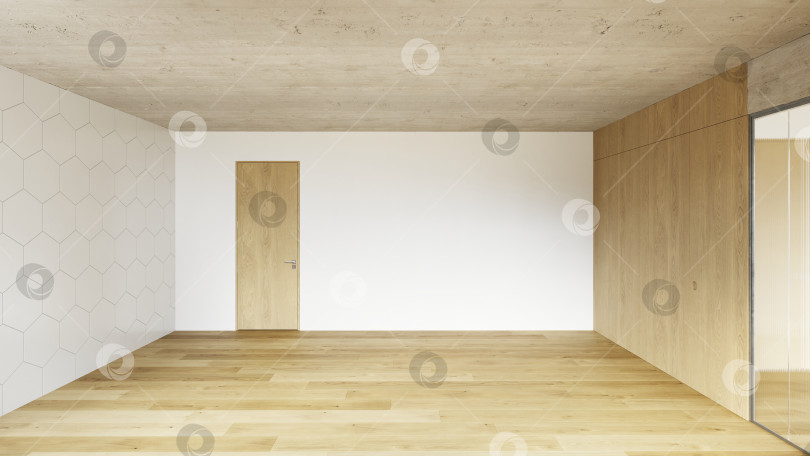 Скачать Пустая современная комната с деревянным полом и бетонным потолком. Интерьер без мебели, выложенный шестиугольной плиткой фотосток Ozero