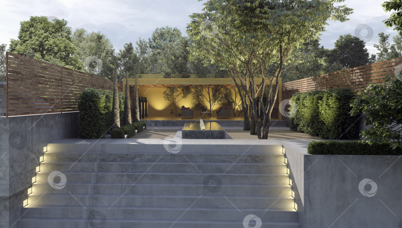 Скачать 3D-рендеринг современного внутреннего двора. Освещенная бетонная лестница, ведущая во внутренний дворик и к фонтану фотосток Ozero
