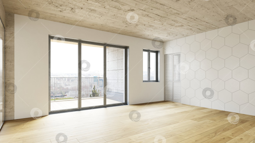 Скачать Интерьер пустой современной квартиры с деревянным полом и бетонным потолком. 3D-рендеринг светлой комнаты фотосток Ozero