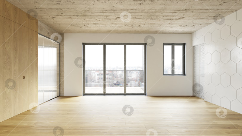 Скачать Интерьер пустой современной квартиры с деревянным полом и бетонным потолком. Комната без мебели. 3D-рендеринг фотосток Ozero