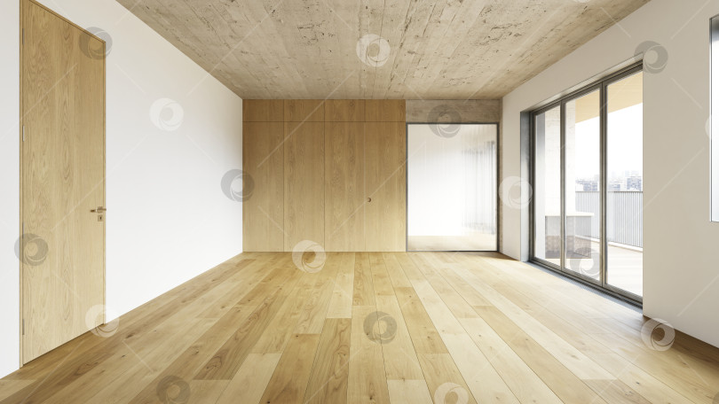 Скачать Пустая современная комната с деревянным полом и бетонным потолком. Интерьер квартиры без мебели с балконом фотосток Ozero